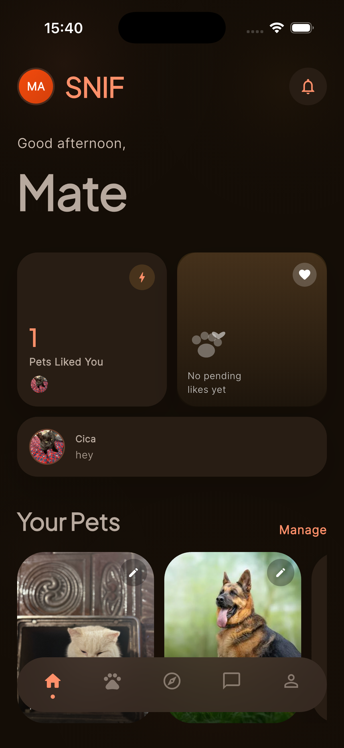 SNIF home screen
